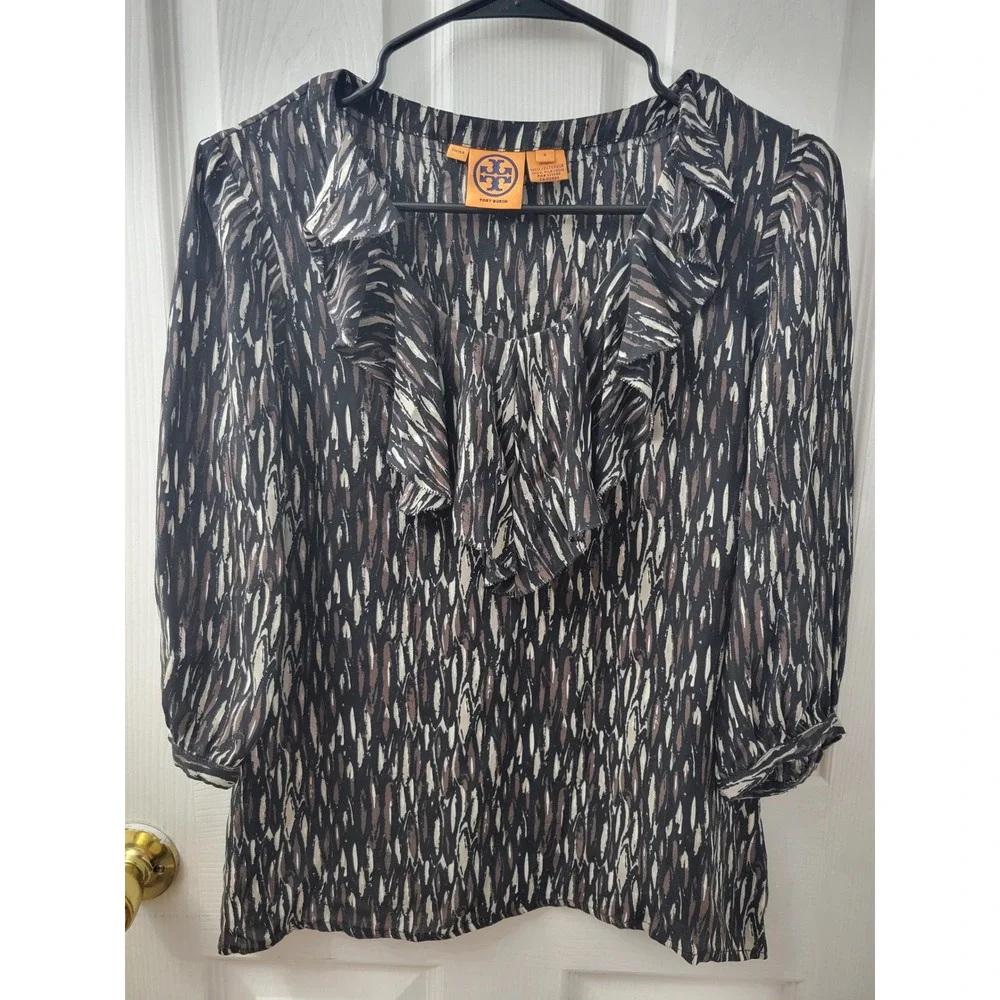 Tory Burch Silk Ruffle V-Neck Blouse 3/4 Sleeve Abstract Print Black Brown Sz 8